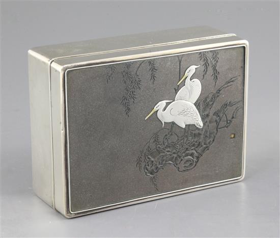 A Japanese silver and shibuichi rectangular box, early 20th century, 13.7cm